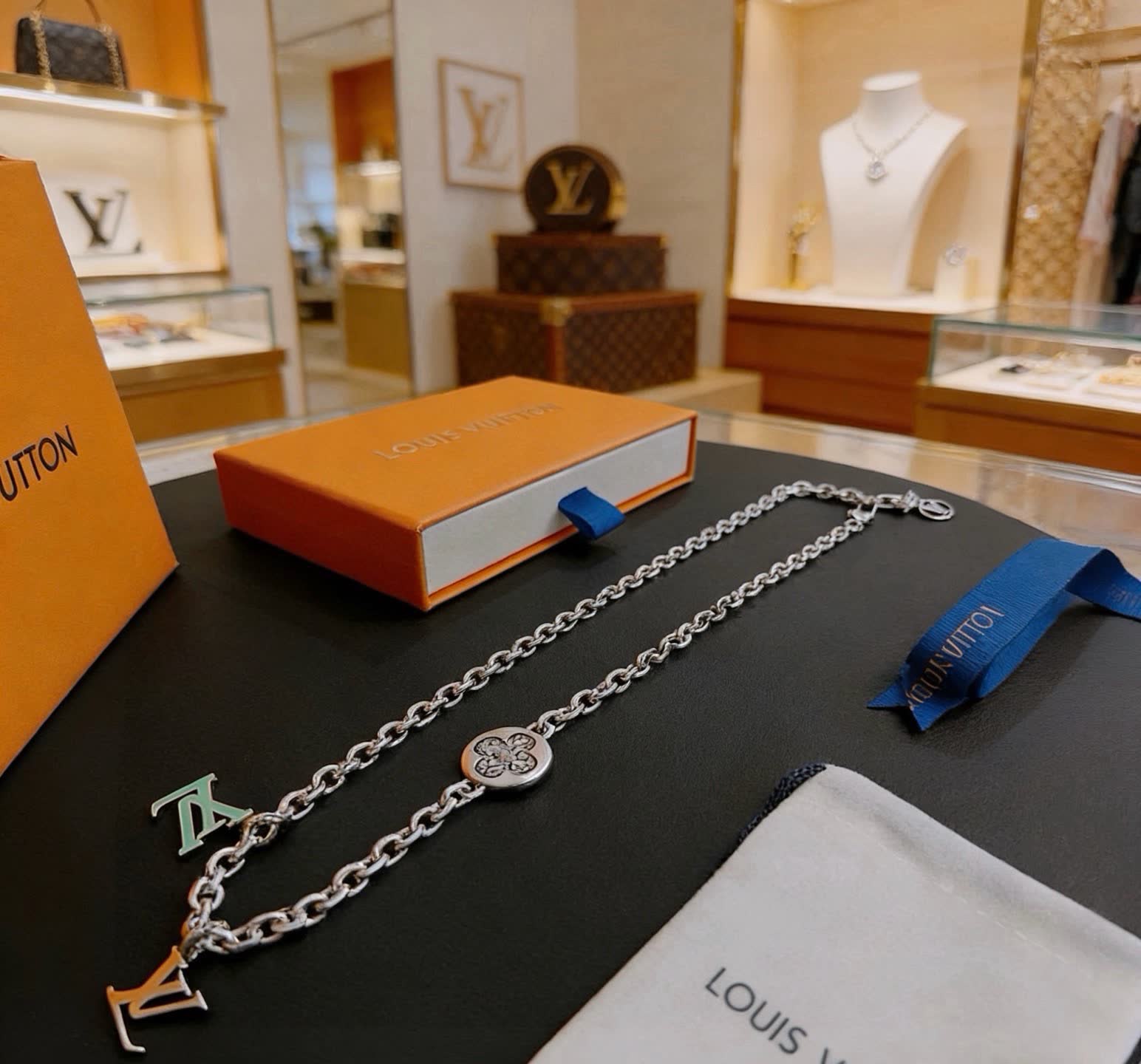 Louis Vuitton Silver Chain Necklace with LV Charms